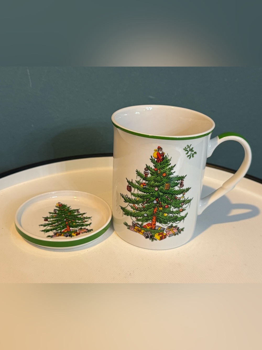 Spode Festive Christmas Tree Ceramic Mug and Saucer - Green Accent